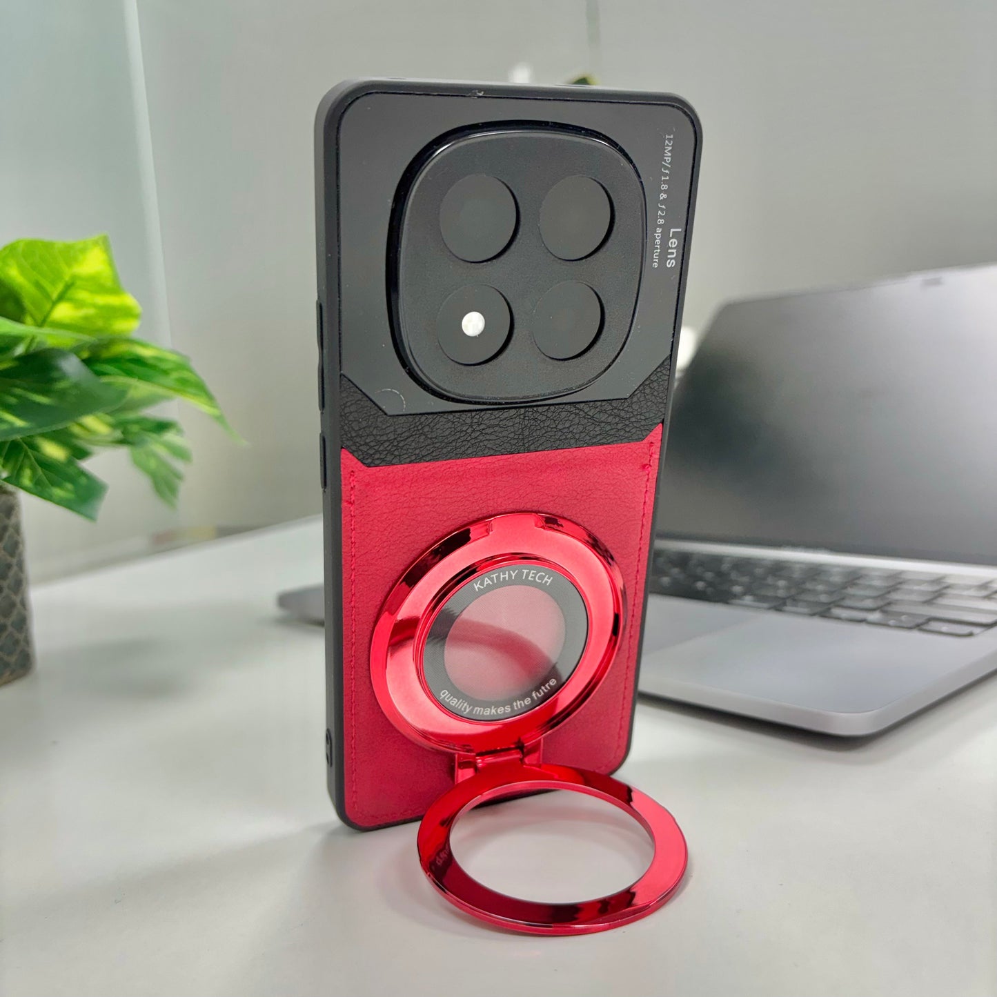 Redmi Note 14 Pro+ 5G Original Luxury Leather Lens Magnifier Ring Stand Case