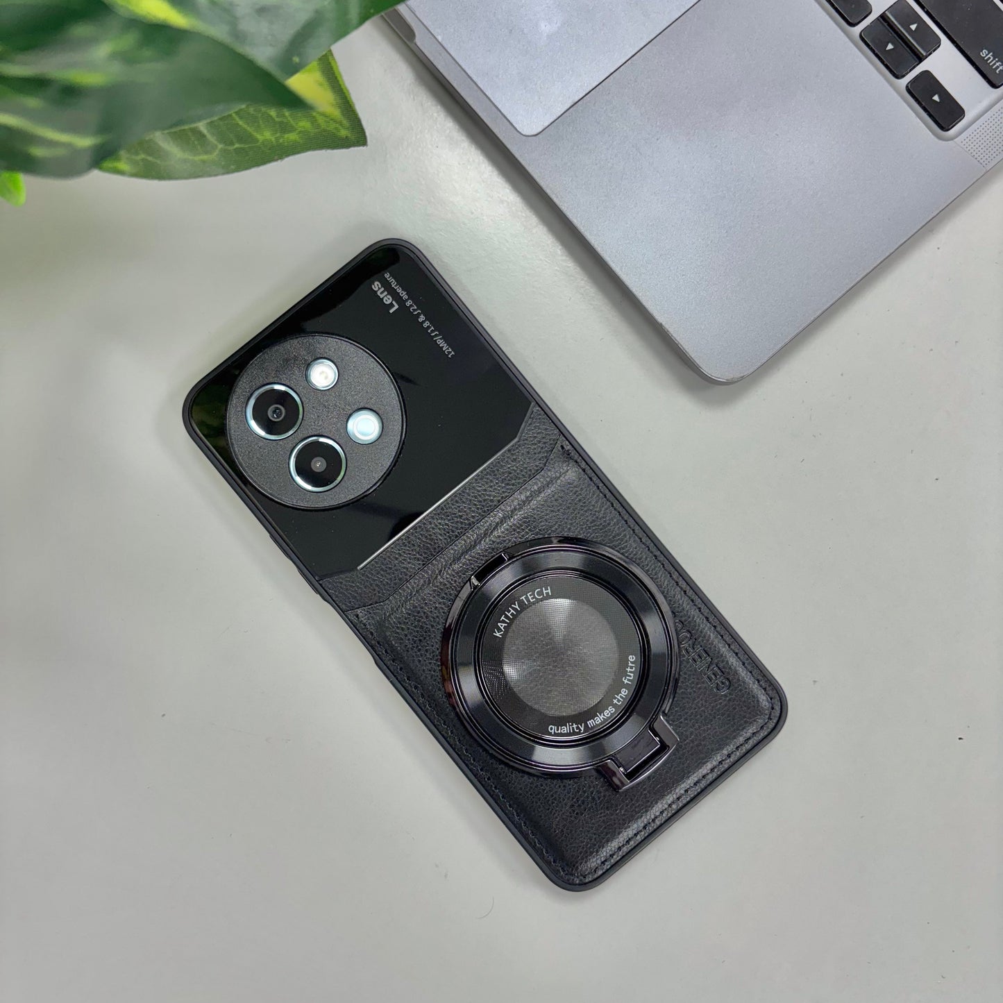 Vivo Y58 5G Original Luxury Leather Lens Magnifier Ring Stand Case