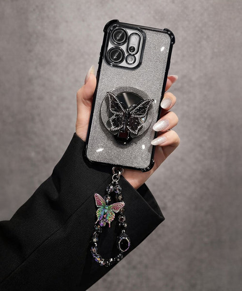 Oppo Reno 14 5G Shockproof Shimmer Butterfly Stand Case with Charm Strap