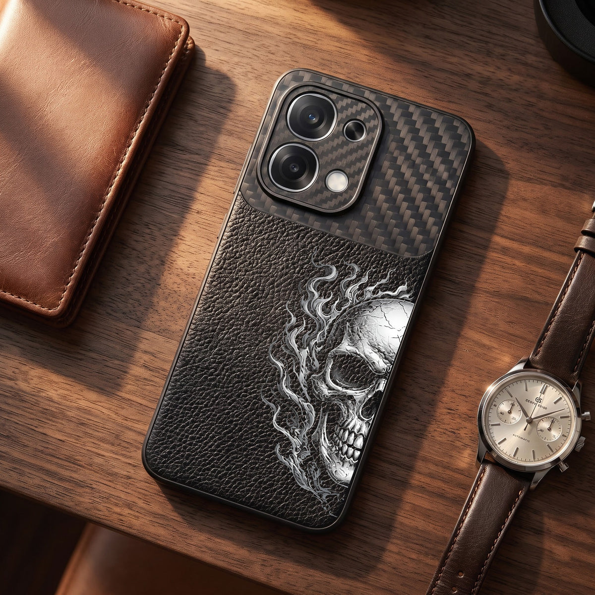 Oppo F31 5G Skull Art Carbon Fiber Leather Hybrid Back Case