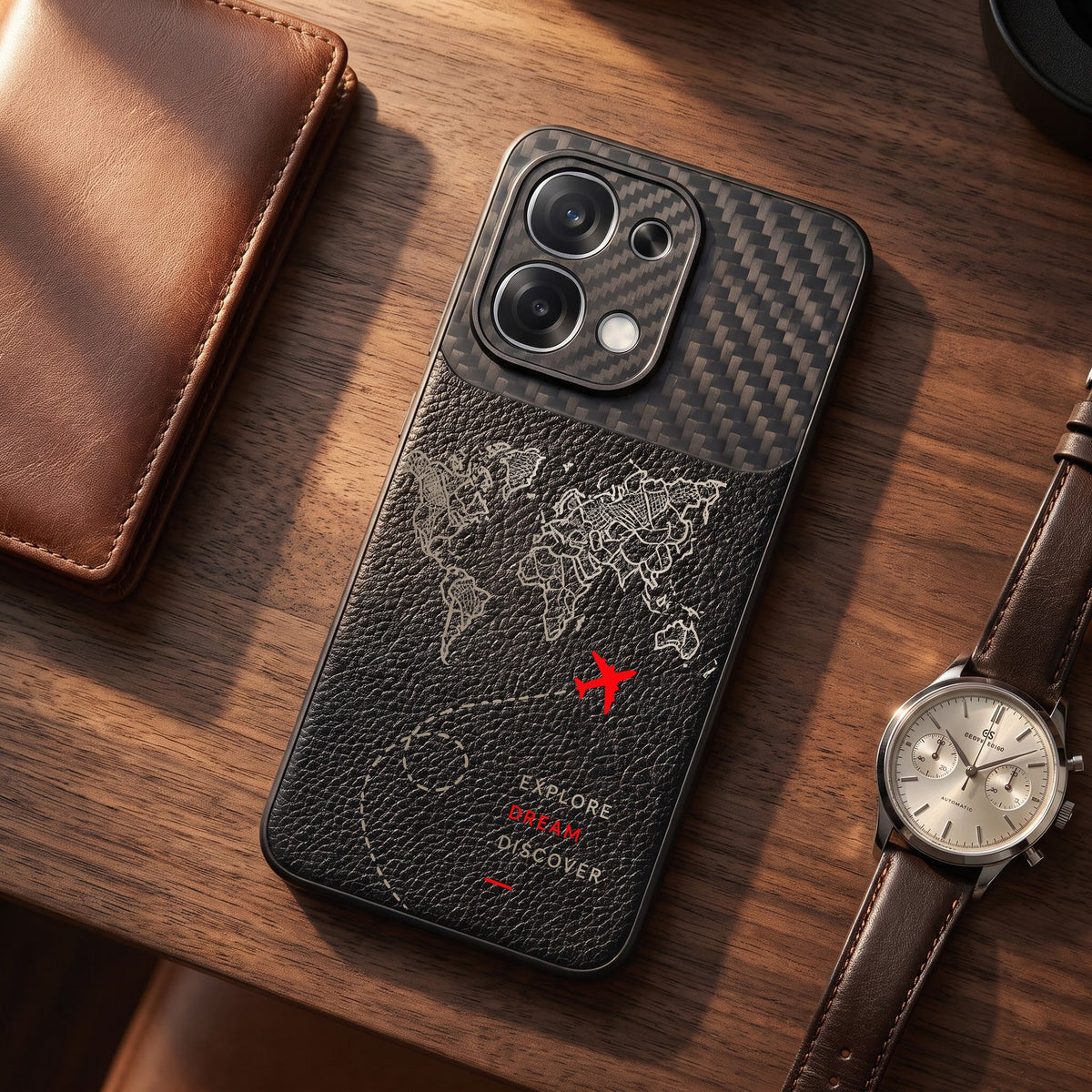 Oppo F31 5G Travel Map Carbon Fiber Leather Hybrid Back Case