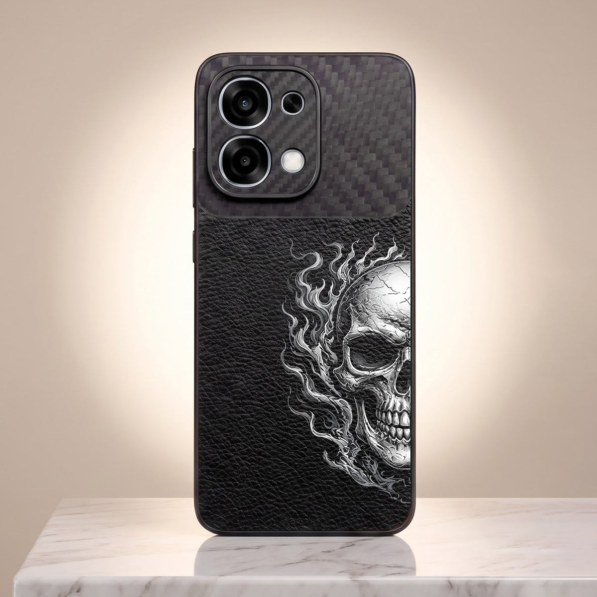 Oppo F31 5G Skull Art Carbon Fiber Leather Hybrid Back Case