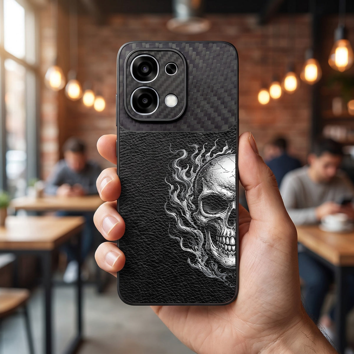 Oppo F31 5G Skull Art Carbon Fiber Leather Hybrid Back Case