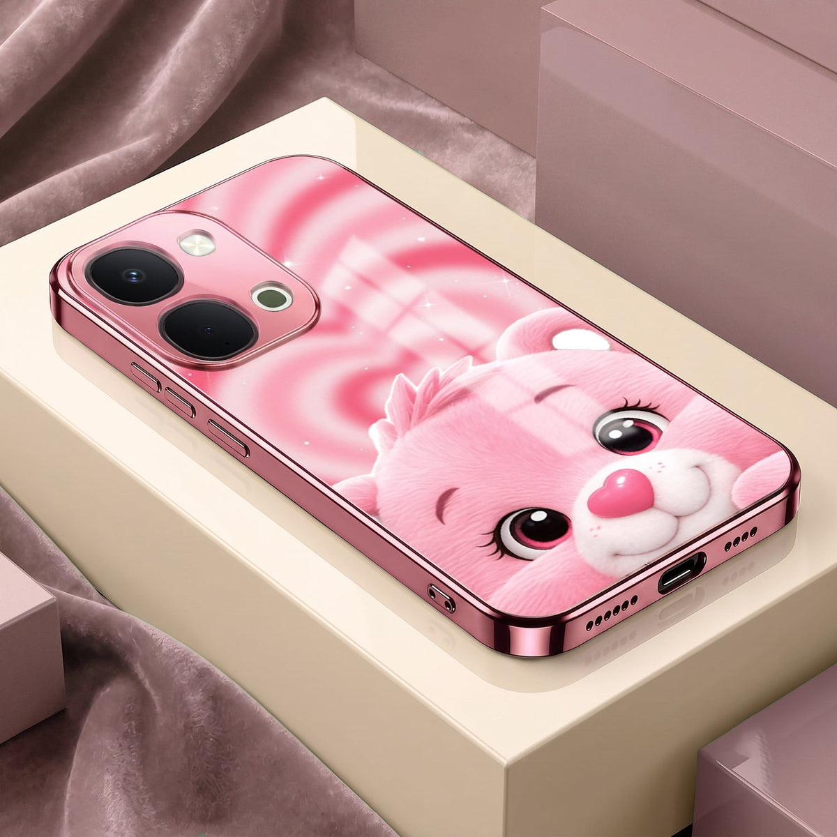 Vivo T5x 5G Luxury Cute Teddy Pink Electroplated Glass Phone Back Case