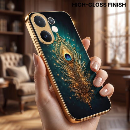 Vivo V60 5G Golden Peacock Feather Gold Electroplated Glass Phone Back Case