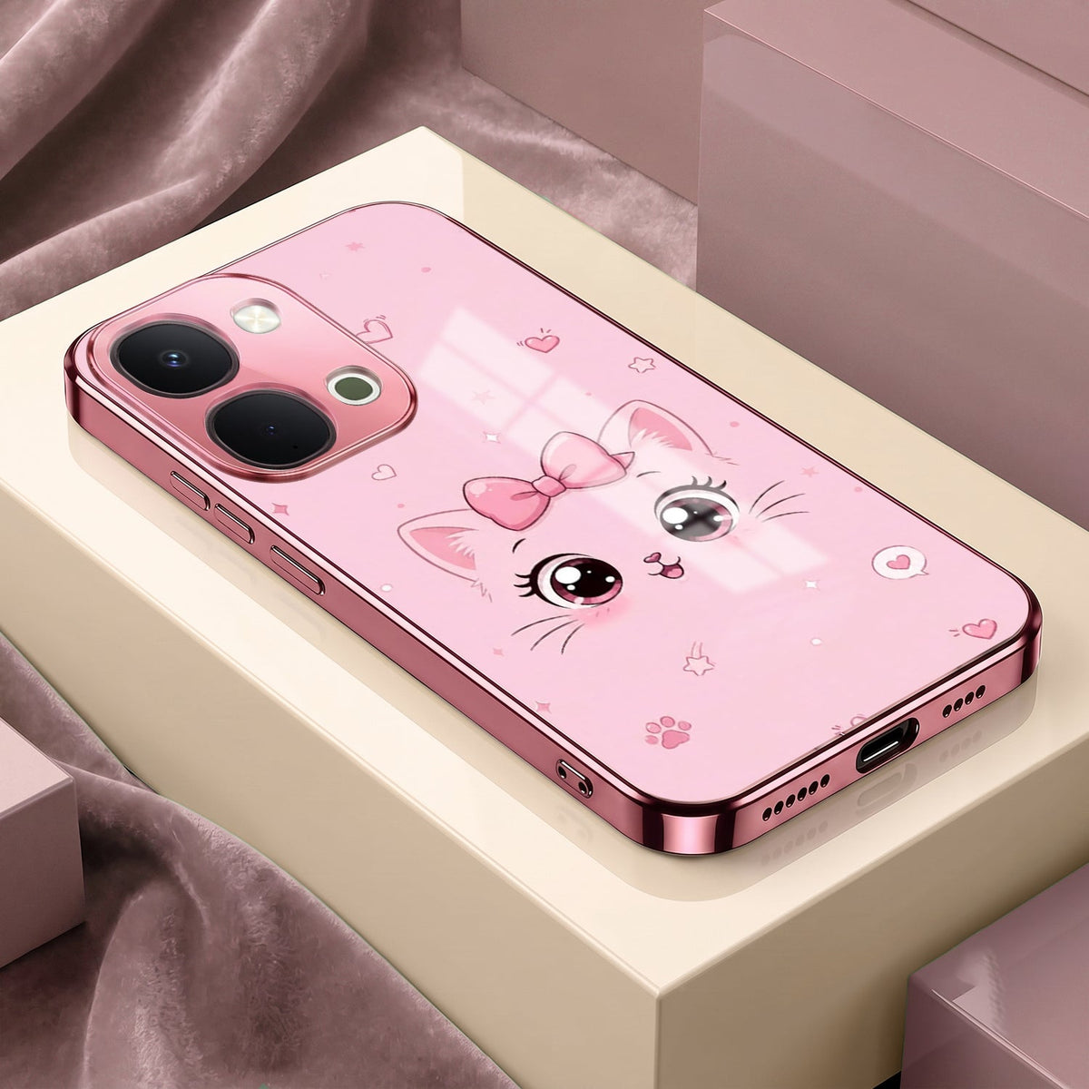 Vivo T5x 5G Luxury Cute Cat Pink Electroplated Glass Phone Back Case