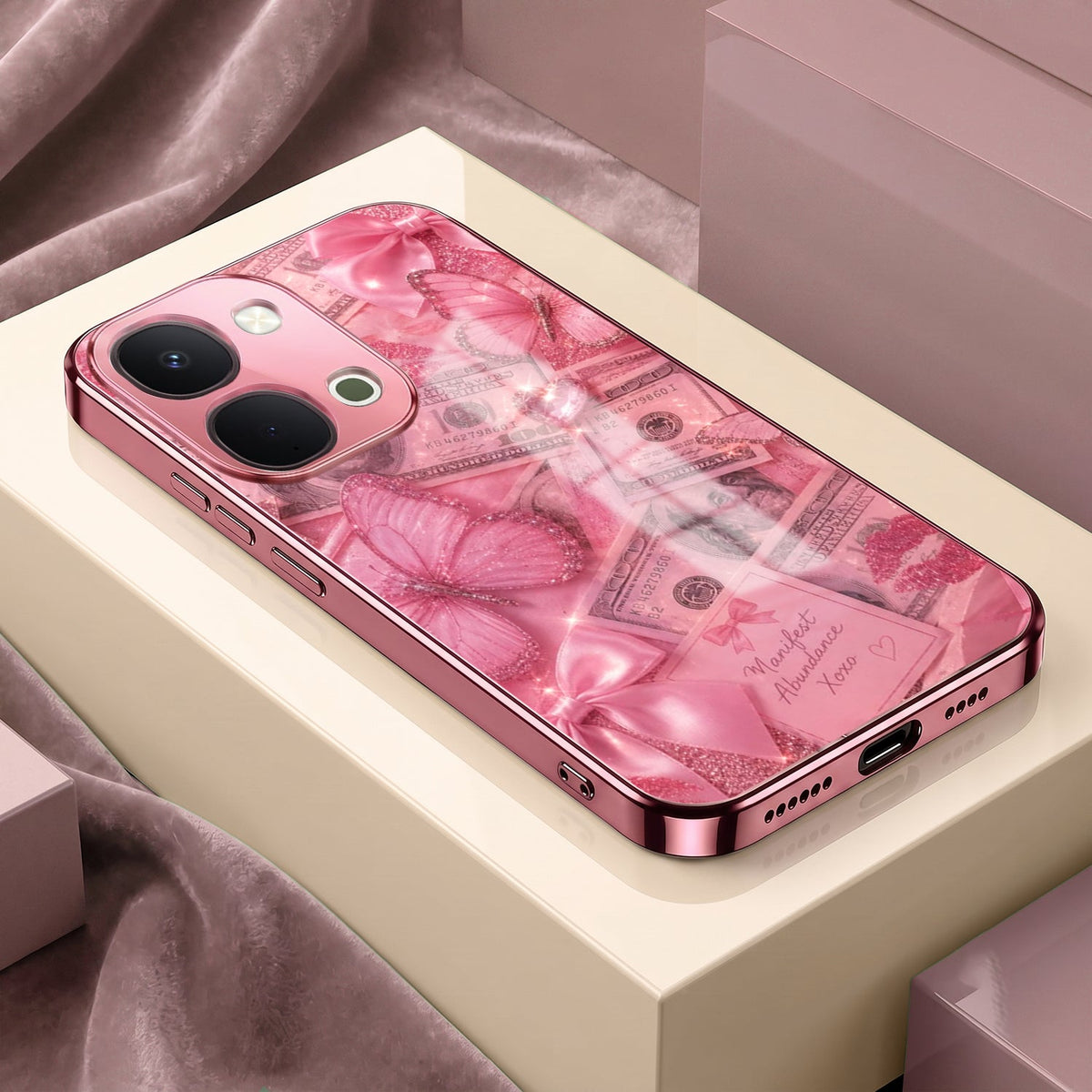 Vivo T5x 5G Luxury Dollar Butterfly Pink Electroplated Glass Phone Back Case