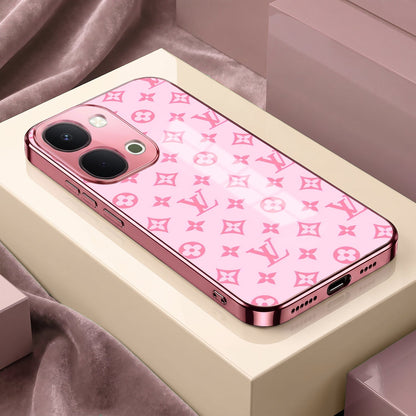 Vivo T5x 5G Luxury Monogram Pink Electroplated Glass Phone Back Case