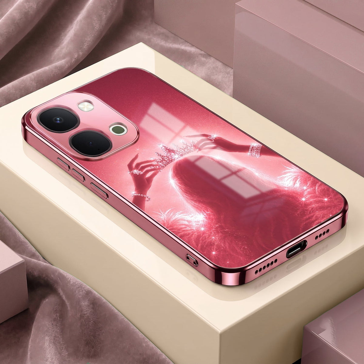 Vivo T5x 5G Luxury Crown Queen Pink Electroplated Glass Phone Back Case