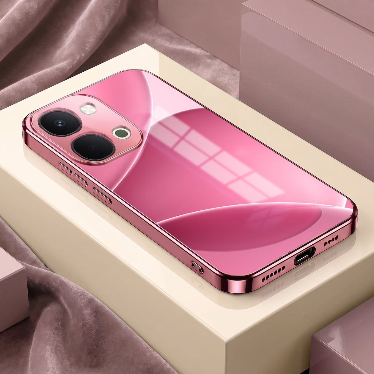 Vivo T5x 5G Luxury Glossy Wave Pink Electroplated Glass Phone Back Case