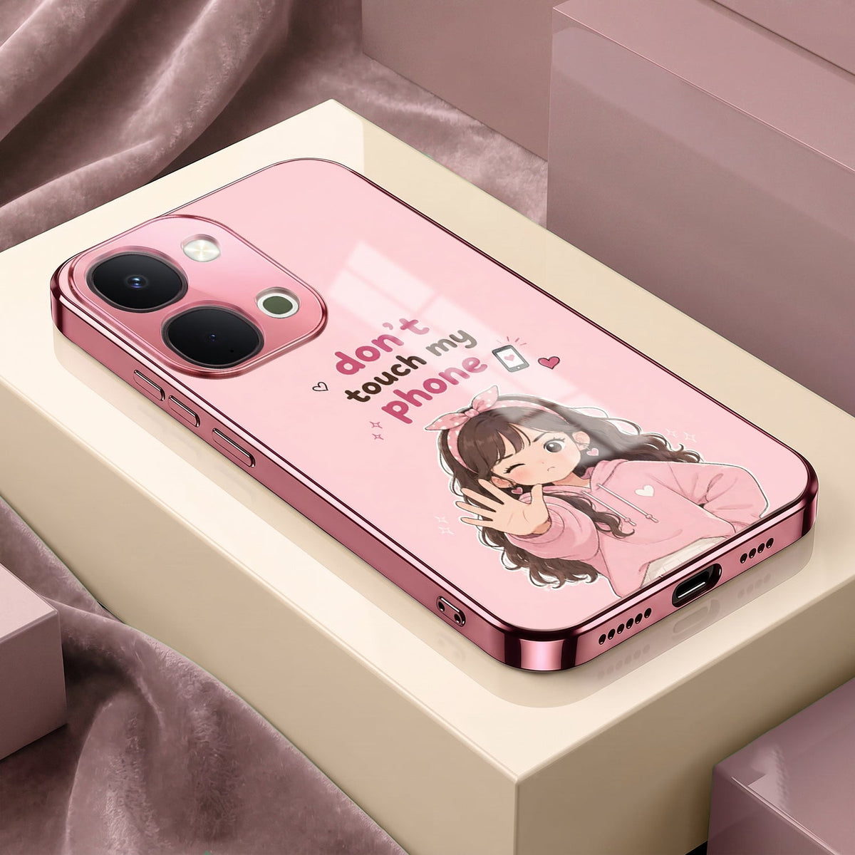 Vivo T5x 5G Luxury Anime Girl Pink Electroplated Glass Phone Back Case