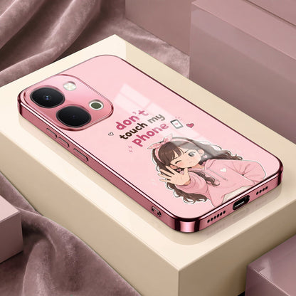 Vivo T5x 5G Luxury Anime Girl Pink Electroplated Glass Phone Back Case
