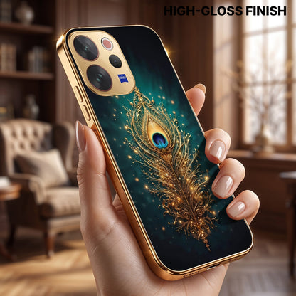 Vivo V70 5G Golden Peacock Feather Gold Electroplated Glass Phone Back Case