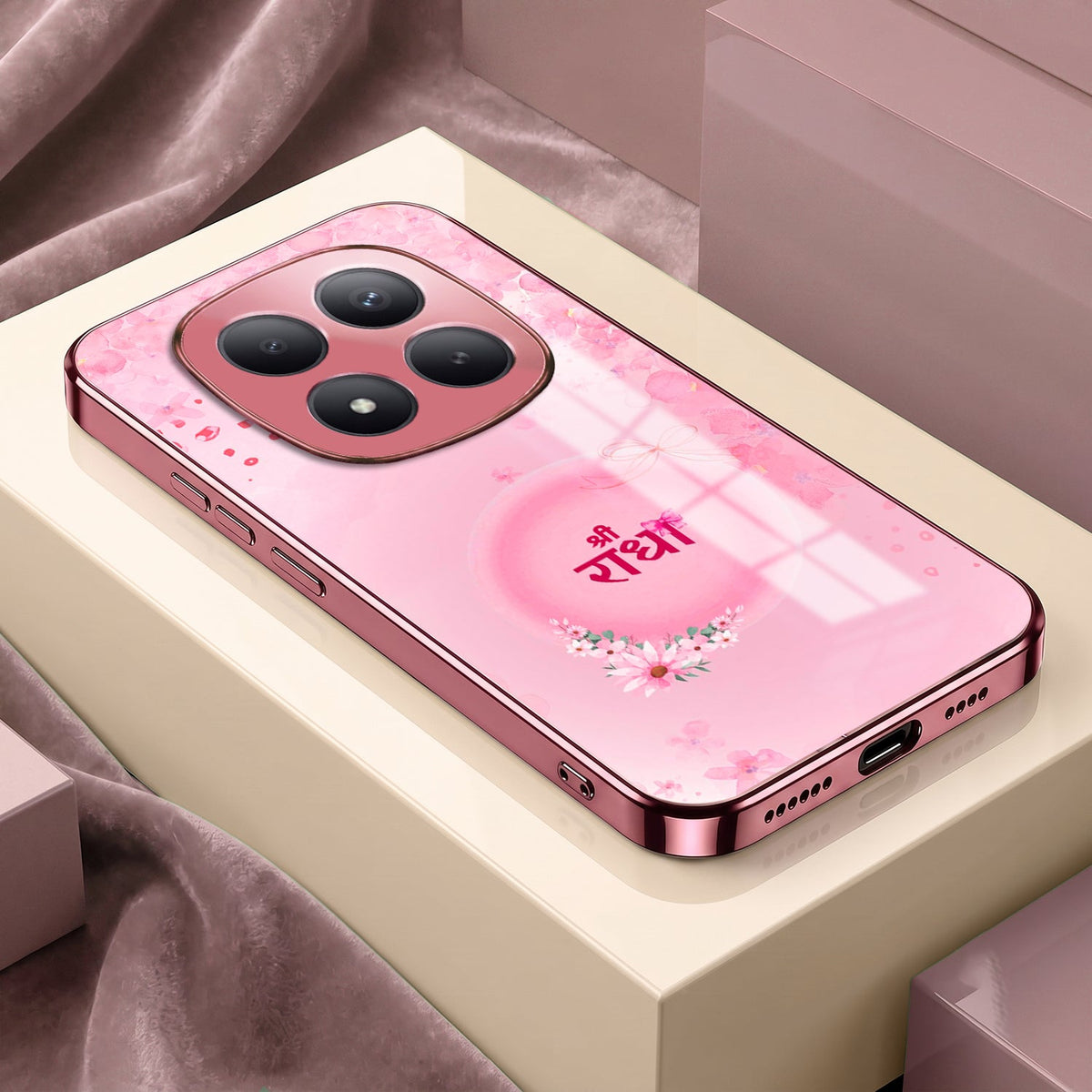 Redmi Note 15 Pro+ 5G Luxury Shree Radha Pink Electroplated Glass Phone Back Case