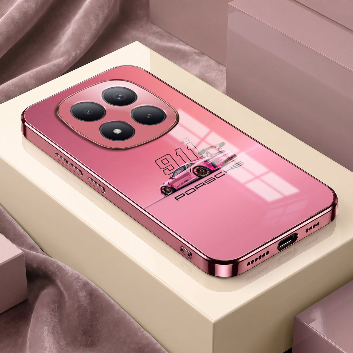 Redmi Note 15 Pro+ 5G Luxury Porsche 911 Pink Electroplated Glass Phone Back Case
