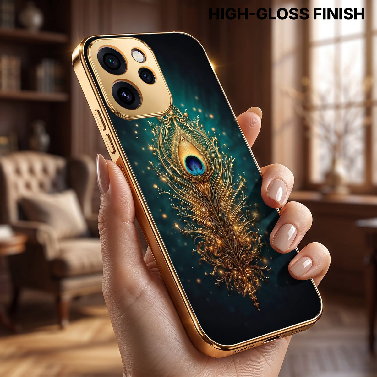 Oppo Reno 15 Pro Mini 5G Golden Peacock Feather Gold Electroplated Glass Phone Back Case