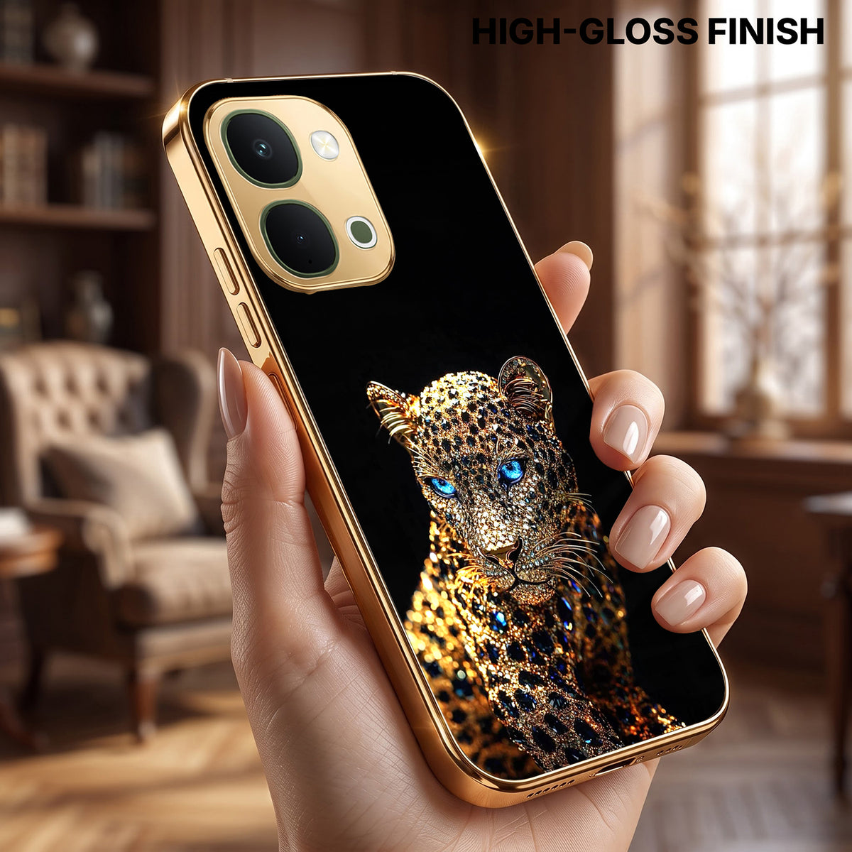 Vivo T5x 5G Panther Gold Electroplated Glass Phone Back Case