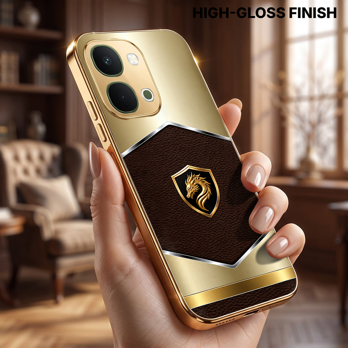 Vivo T5x 5G Dragon Crest Gold Electroplated Glass Phone Back Case