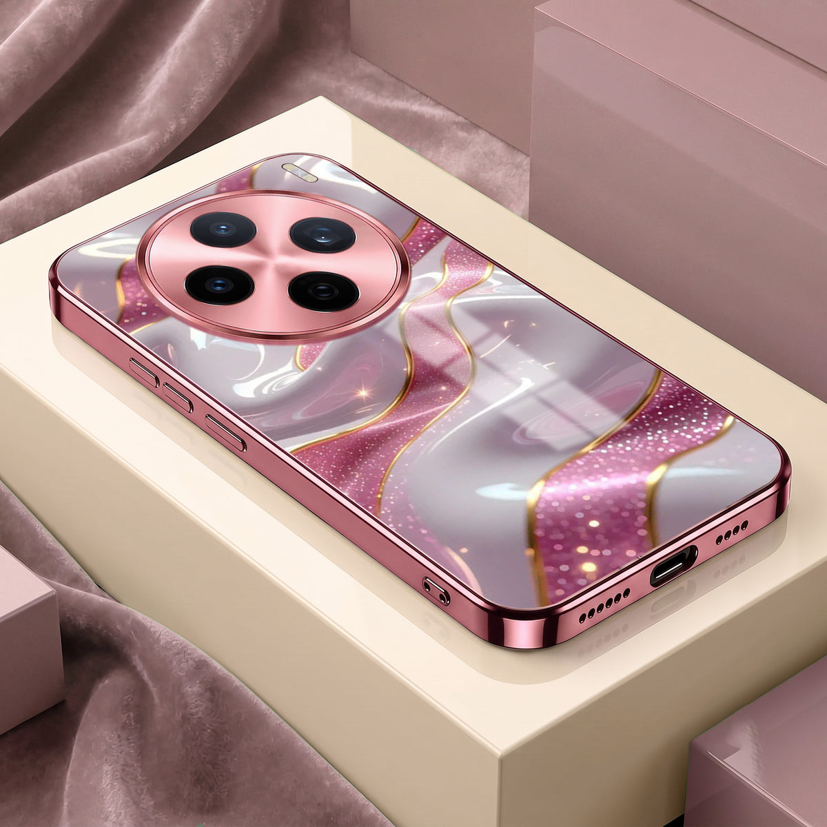 Vivo X200T 5G Pearl Marble Pink Electroplated Glass Phone Back Case
