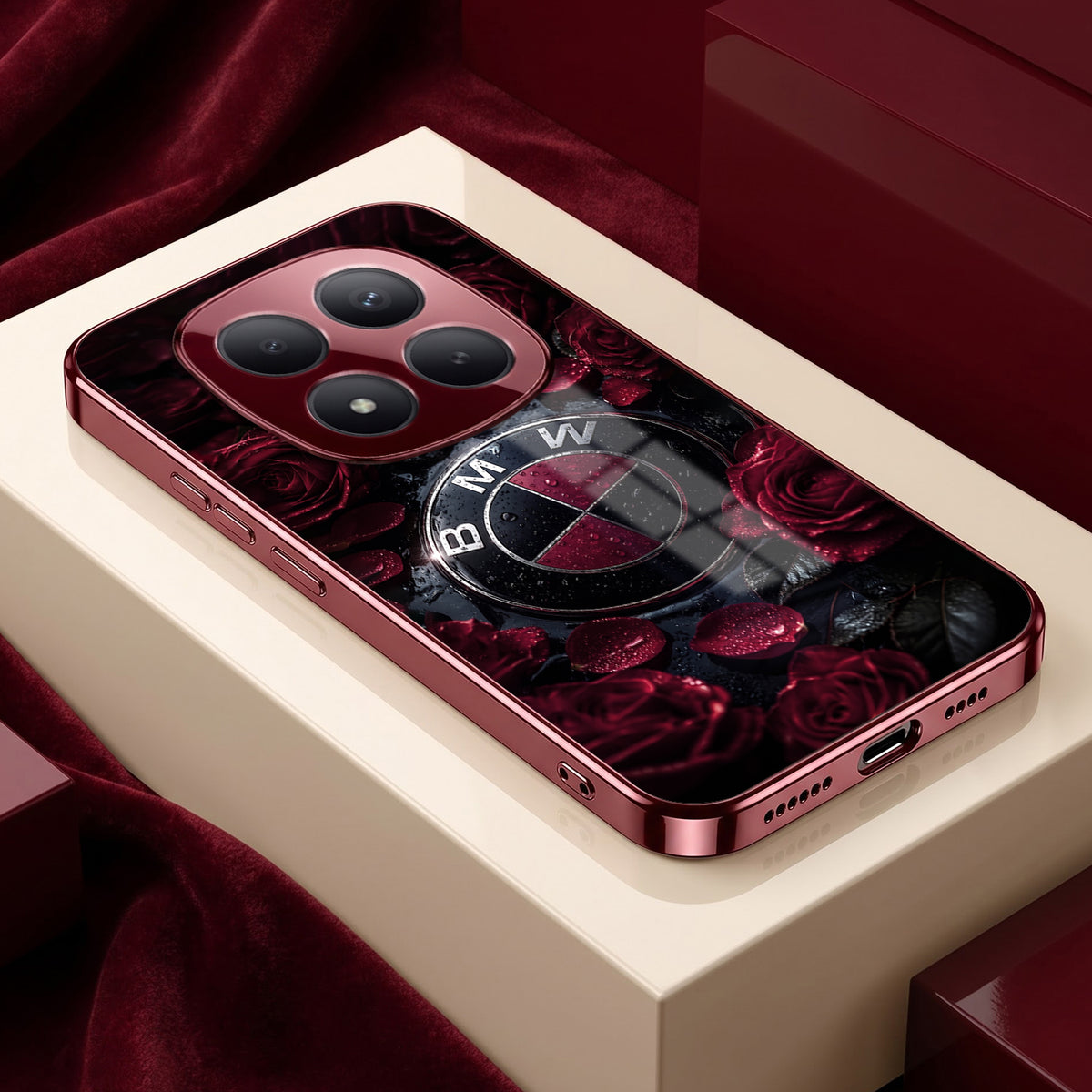Redmi Note 15 Pro Plus 5G BMW Logo Burgundy Electroplated Glass Back Case
