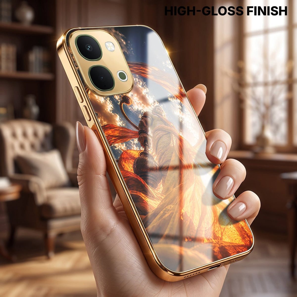 Vivo T5x 5G Divine Hanuman Gold Electroplated Glass Phone Back Case