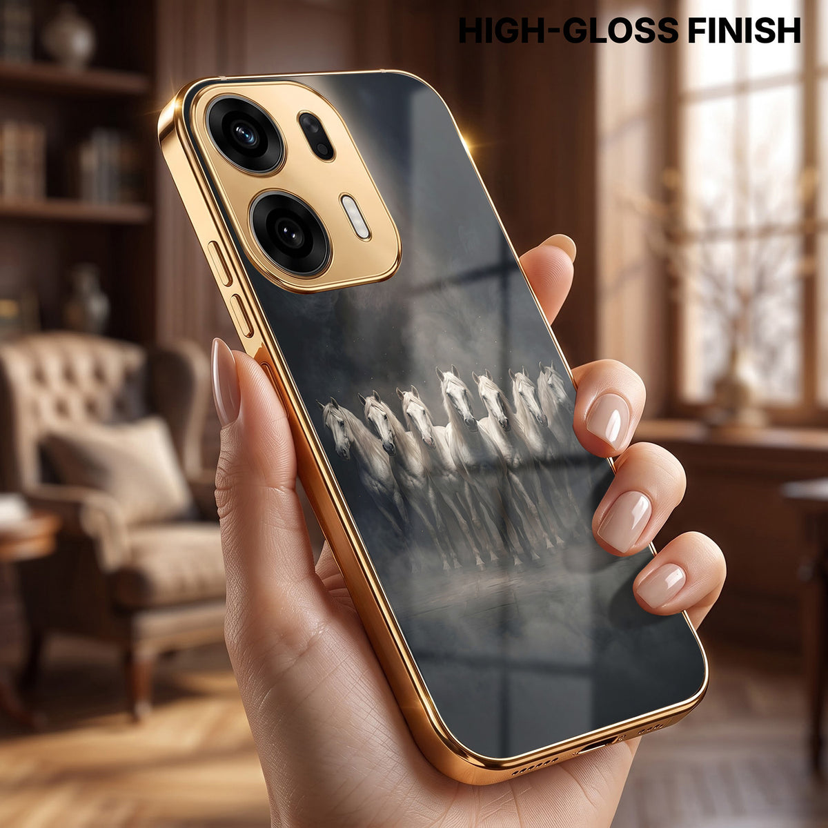 Oppo K14 Plus 5G Running Horses Gold Electroplated Glass Phone Back Case