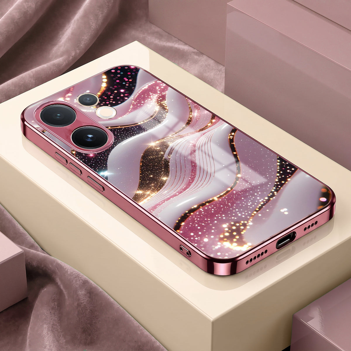 Vivo V60 5G Midnight Pearl Wave Pink Electroplated Glass Phone Back Case