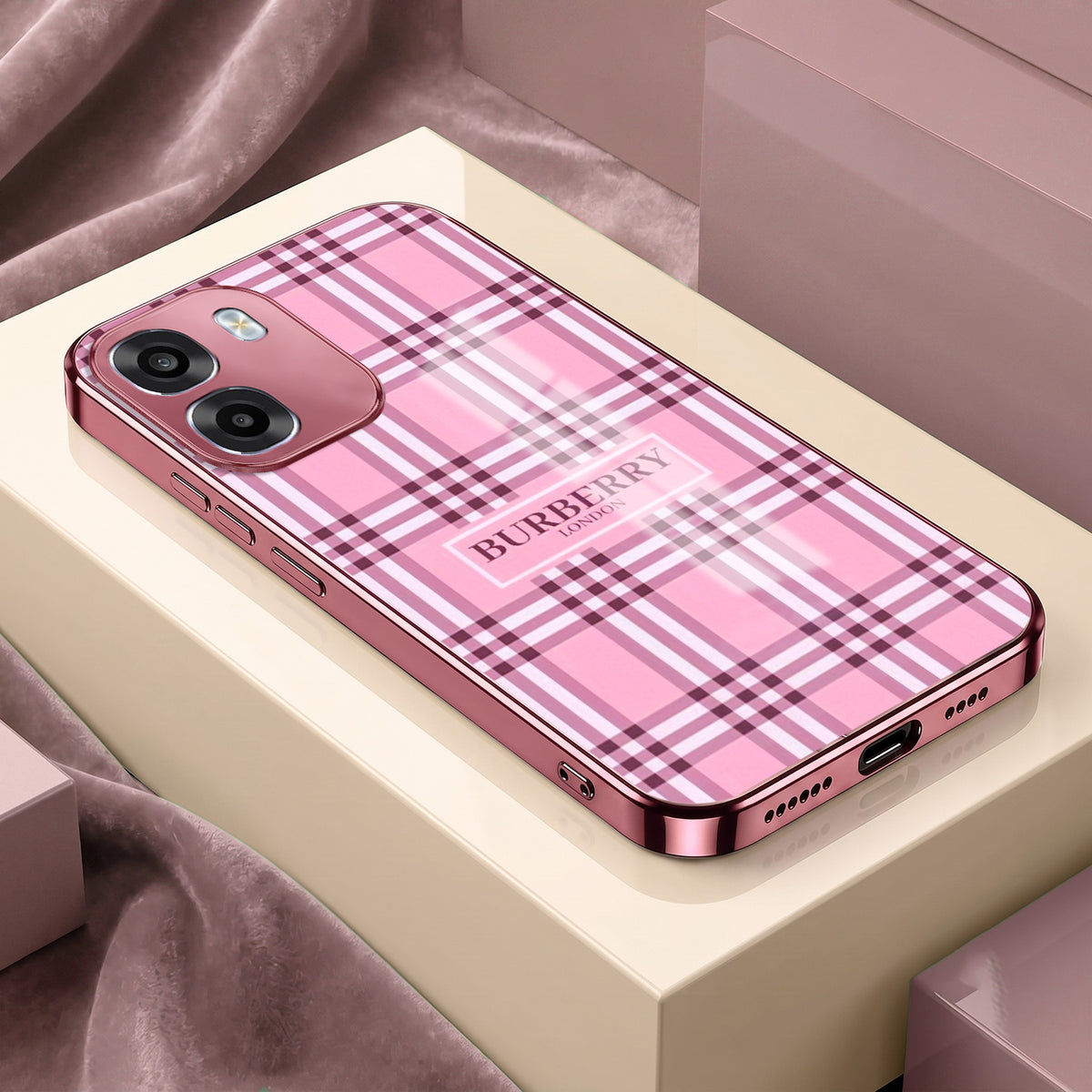 Oppo K14 5G Burberry Classic Pink Electroplated Glass Phone Back Case