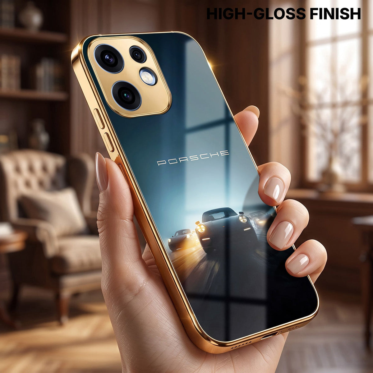 Oppo Reno 16 5G Porsche Luxury Gold Electroplated Glass Phone Back Case
