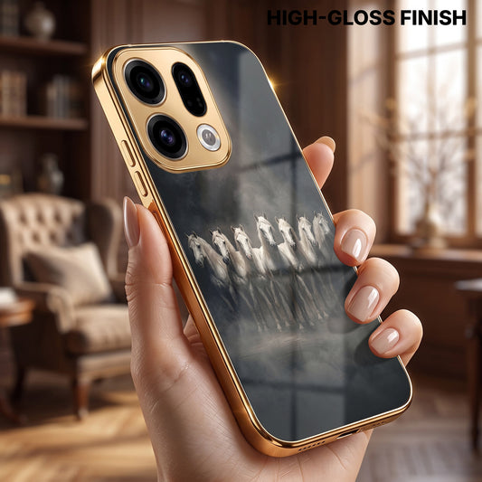 Oppo Find X9 5G Running Horses Gold Electroplated Glass Phone Back Case