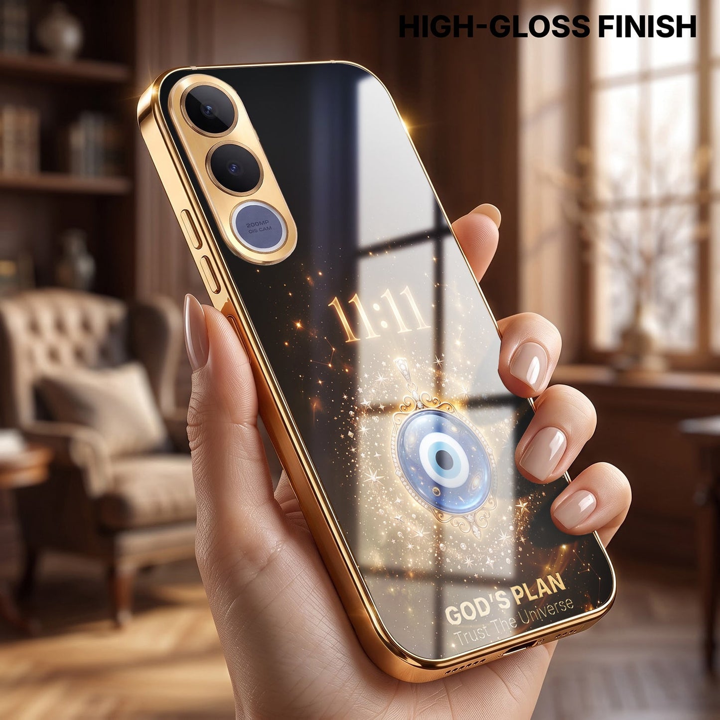 Vivo V70 FE 5G God’s Plan Evil Eye Gold Electroplated Glass Phone Back Case