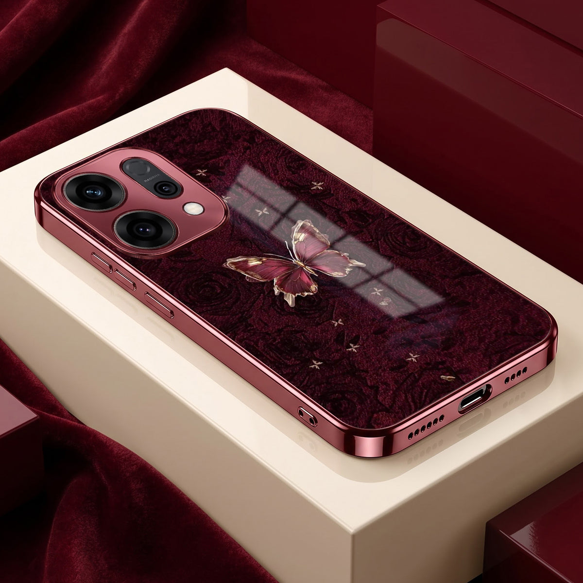 Oppo Reno 14 5G Butterfly Burgundy Electroplated Glass Back Case