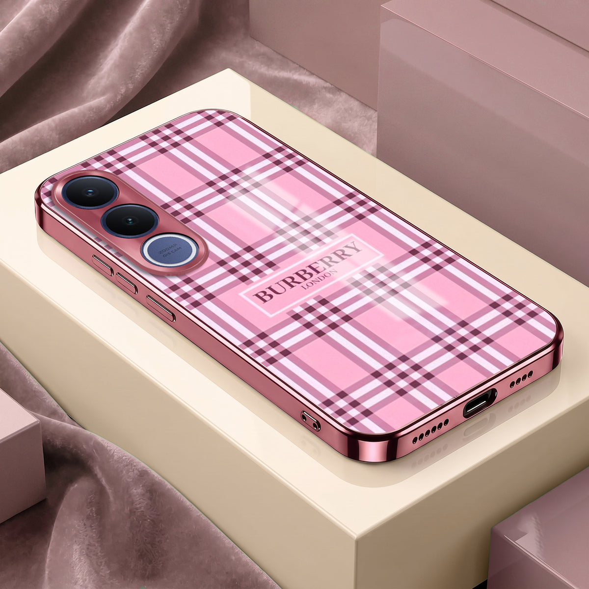 Vivo V70 FE 5G Burberry Classic Pink Electroplated Glass Phone Back Case