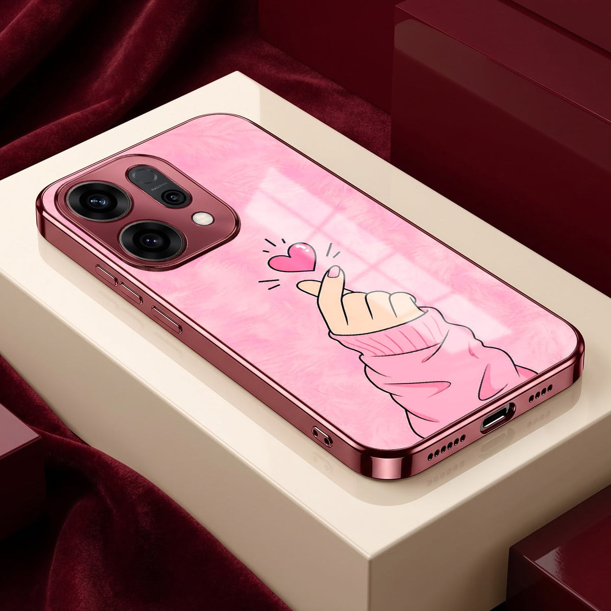 Oppo Reno 14 5G Luxury Heart Pink Electroplated Glass Phone Back Case