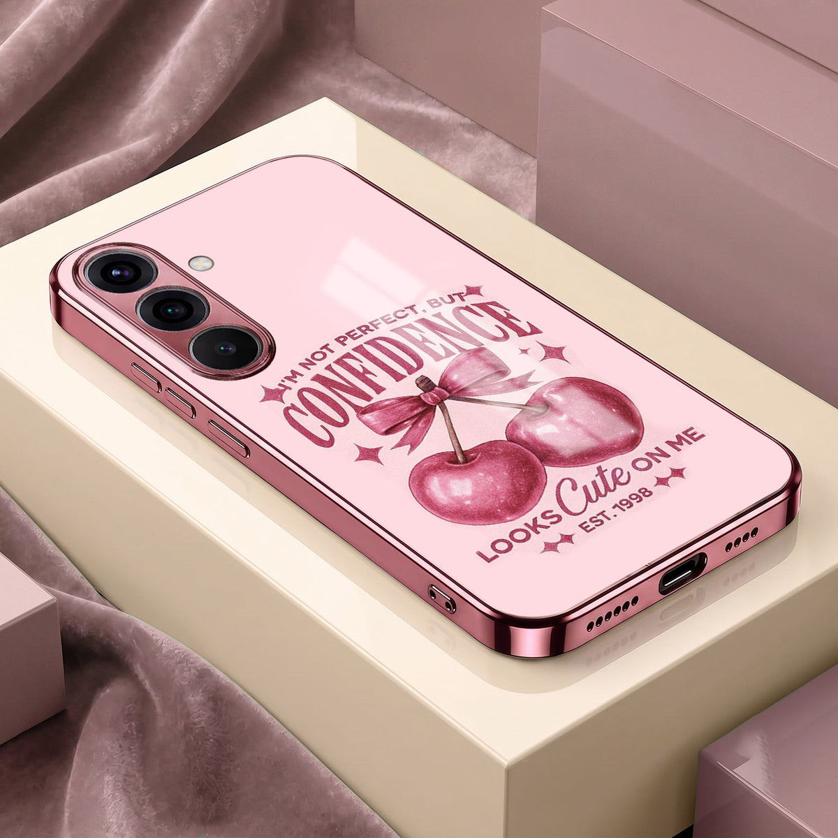 Samsung Galaxy A56 5G Luxury Cherry Bow Pink Electroplated Glass Phone Back Case