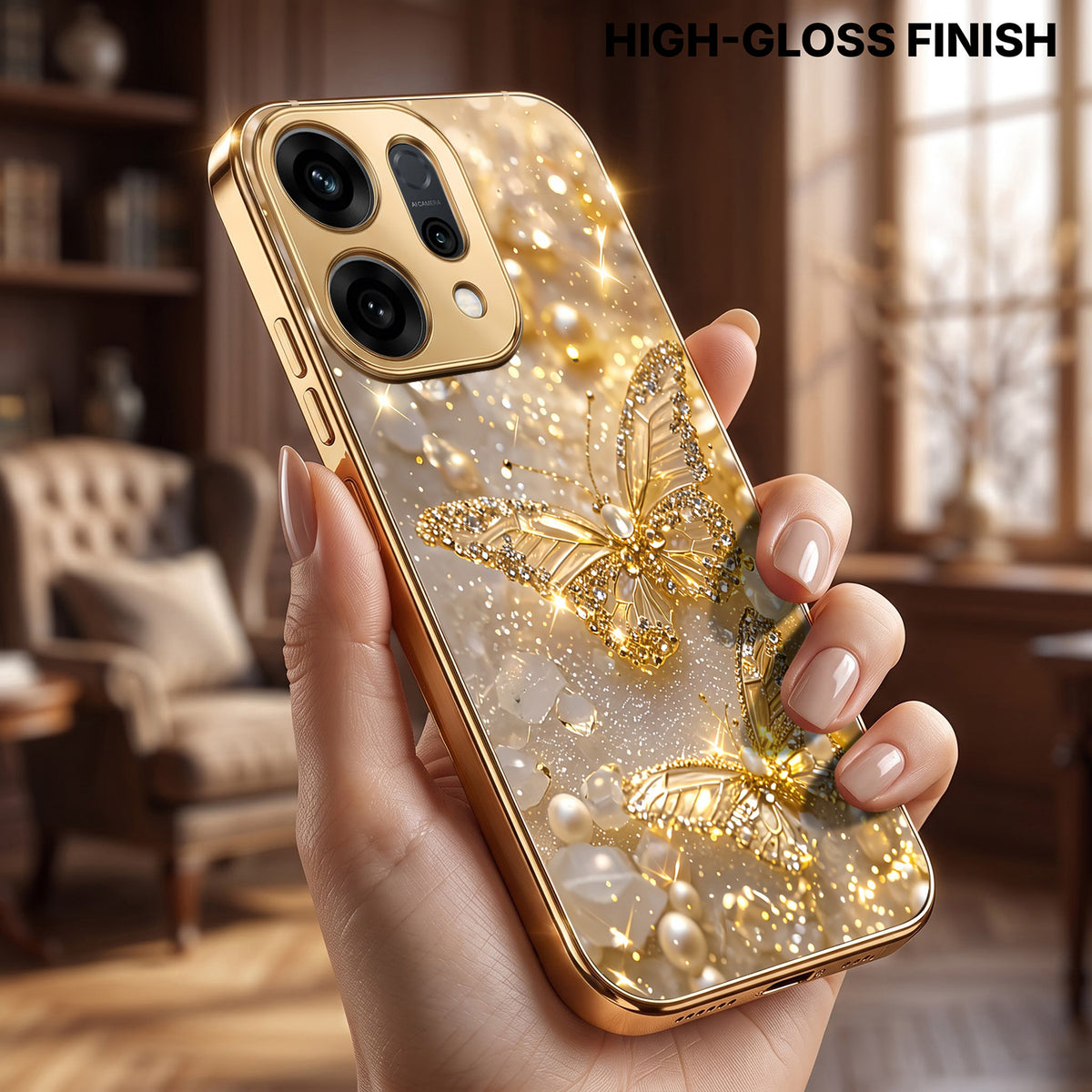 Oppo Reno 14 5G Golden Butterfly Gold Electroplated Glass Phone Back Case