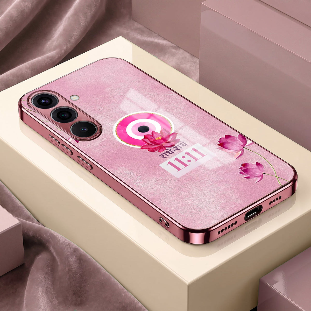 Samsung Galaxy A36 5G Luxury Radhe Radhe 11:11 Pink Electroplated Glass Phone Back Case