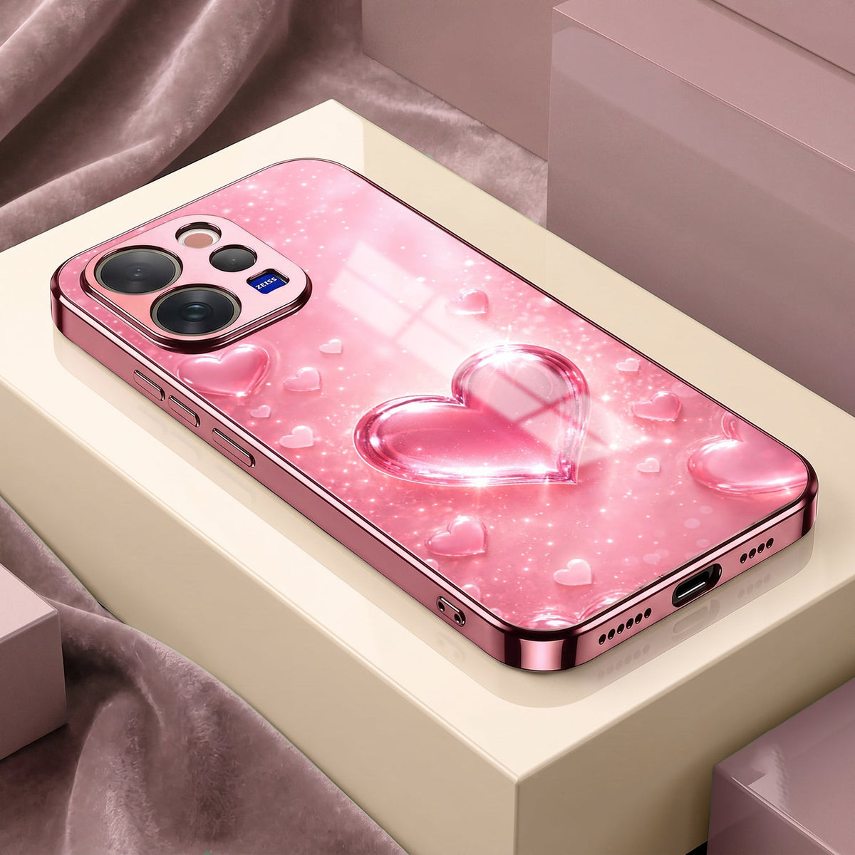 Vivo V70 5G Luxury 3D Jelly Heart Pink Electroplated Glass Phone Back Case