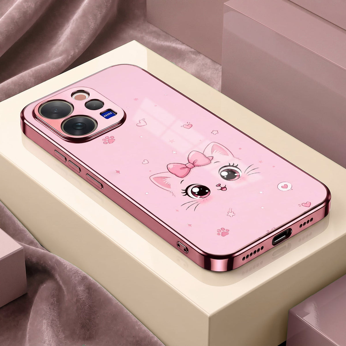 Vivo V70 5G Luxury Cute Cat Pink Electroplated Glass Phone Back Case