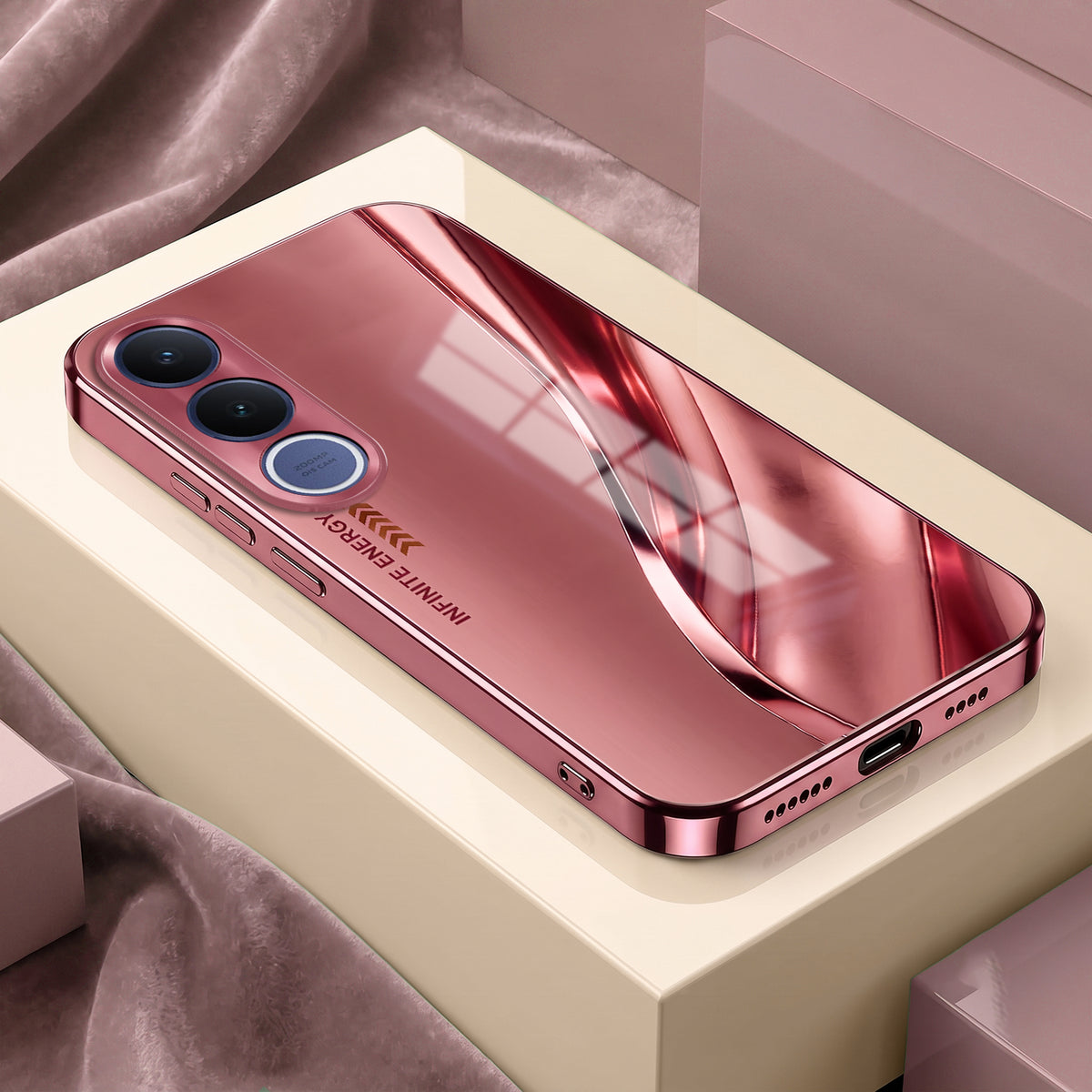 Vivo V70 FE 5G Luxury Infinity Energy Pink Electroplated Glass Phone Back Case