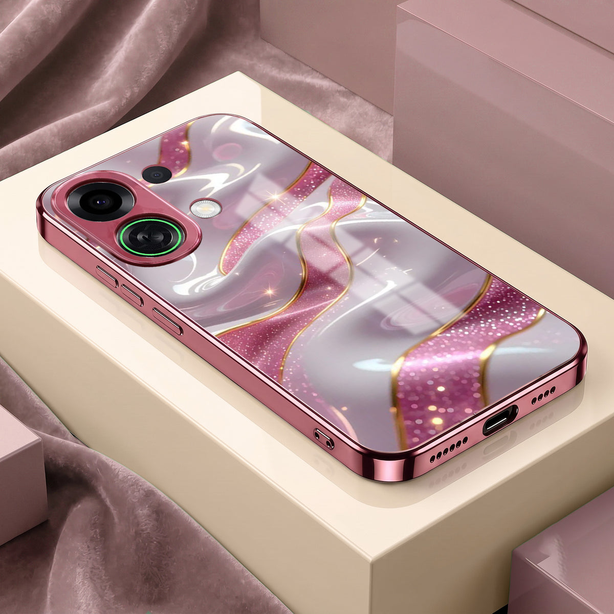 Oppo K13 Turbo 5G Pearl Marble Pink Electroplated Glass Phone Back Case