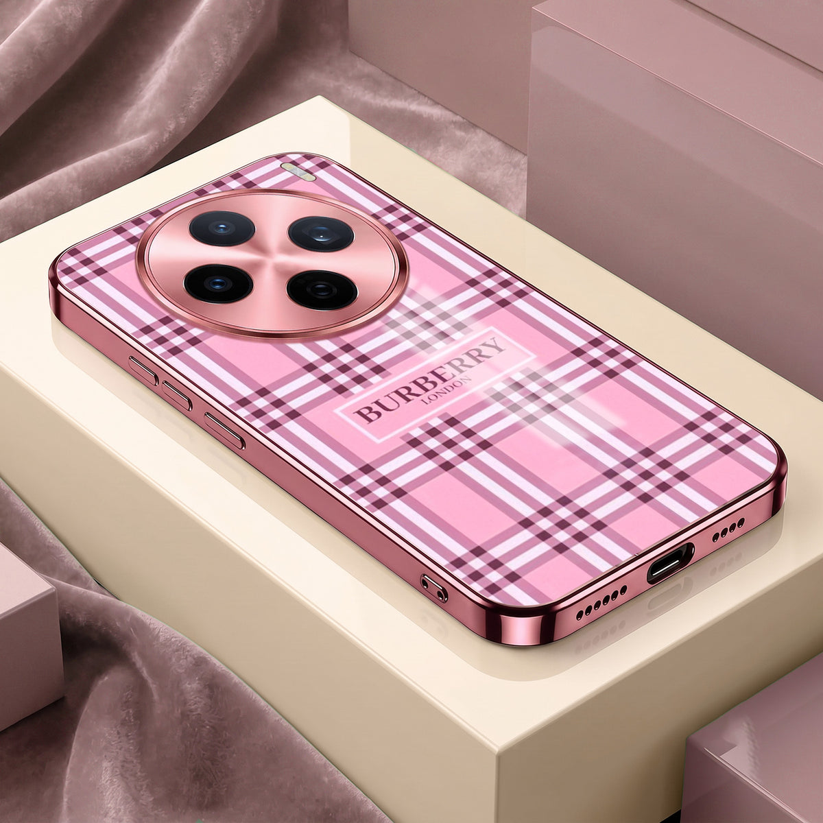 Vivo X200T 5G Burberry Classic Pink Electroplated Glass Phone Back Case
