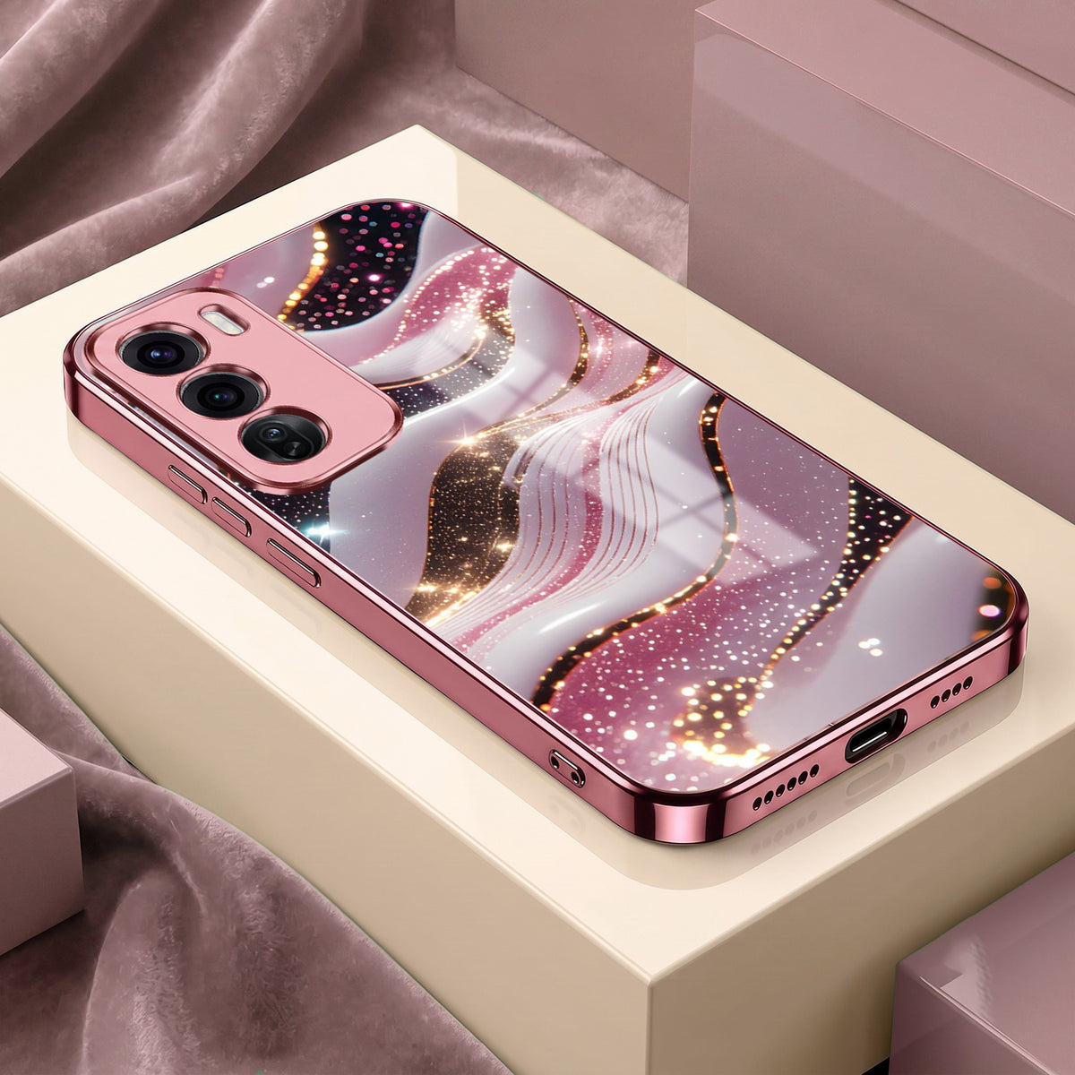 Oppo Reno 12 Pro 5G Midnight Pearl Wave Pink Electroplated Glass Phone Back Case