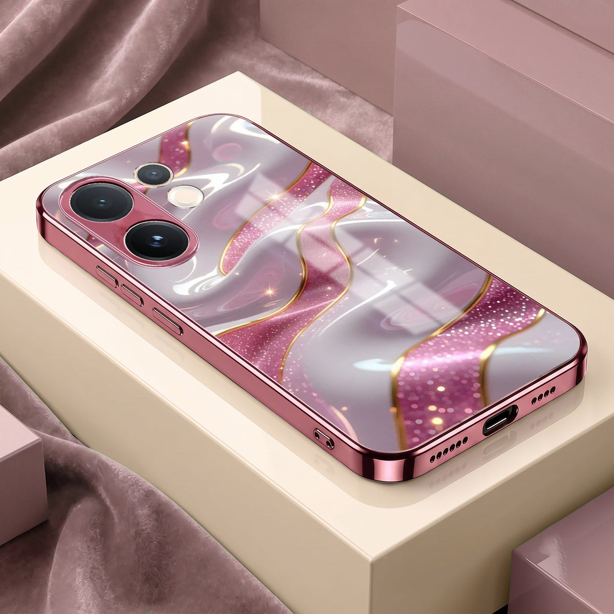 Vivo V60 5G Pearl Marble Pink Electroplated Glass Phone Back Case