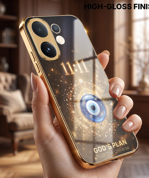 Vivo V60 5G God’s Plan Evil Eye Gold Electroplated Glass Phone Back Case