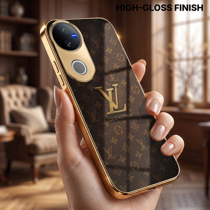 Vivo V50 5G LV Brown Monogram Gold Electroplated Glass Phone Back Case