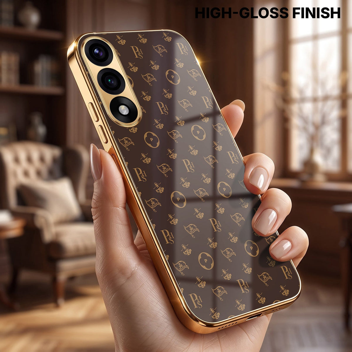 Oneplus Nord 5 5G Luxury Monogram Brown Gold Electroplated Glass Phone Back Case