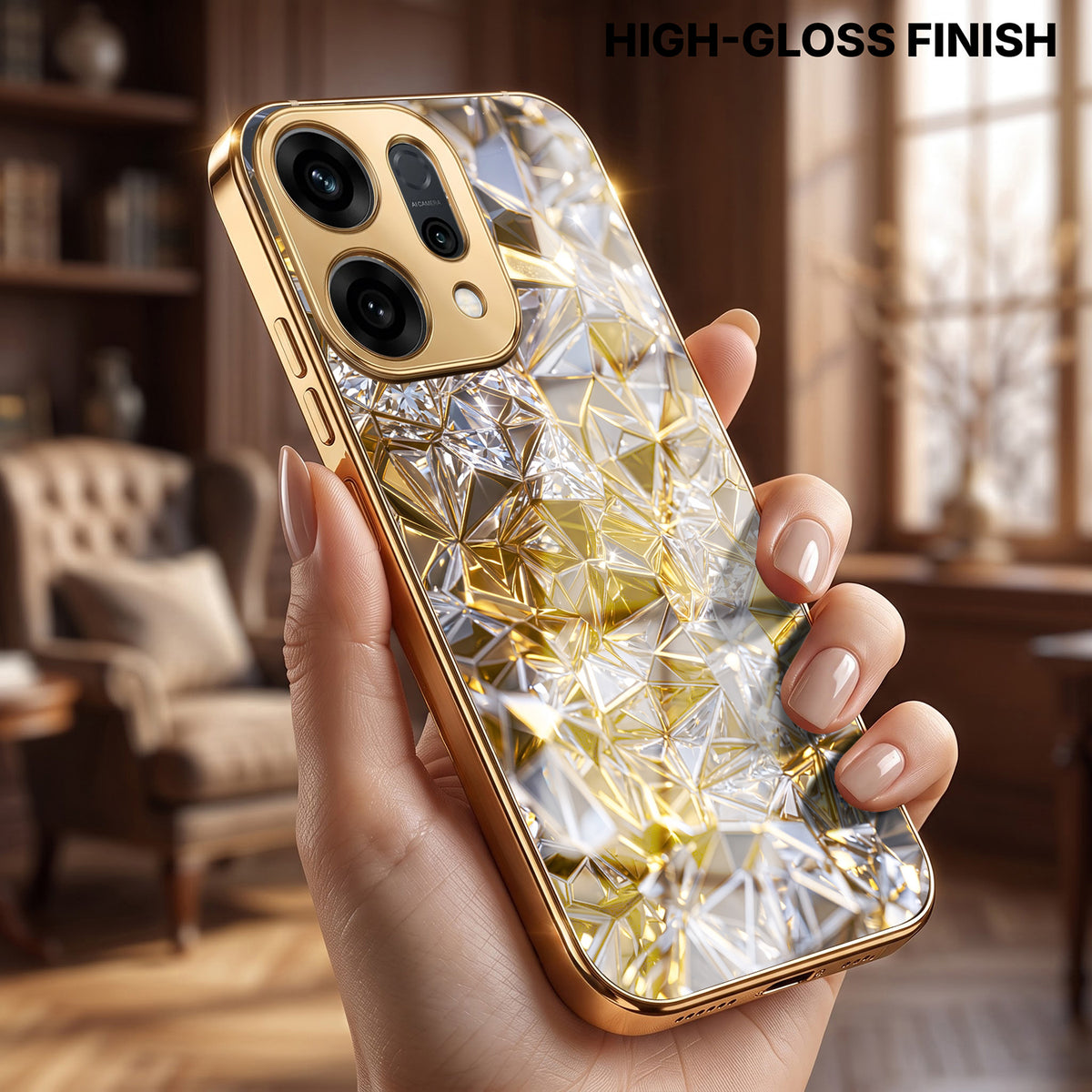 Oppo Reno 14 5G White Diamond Shatter Gold Electroplated Glass Phone Back Case
