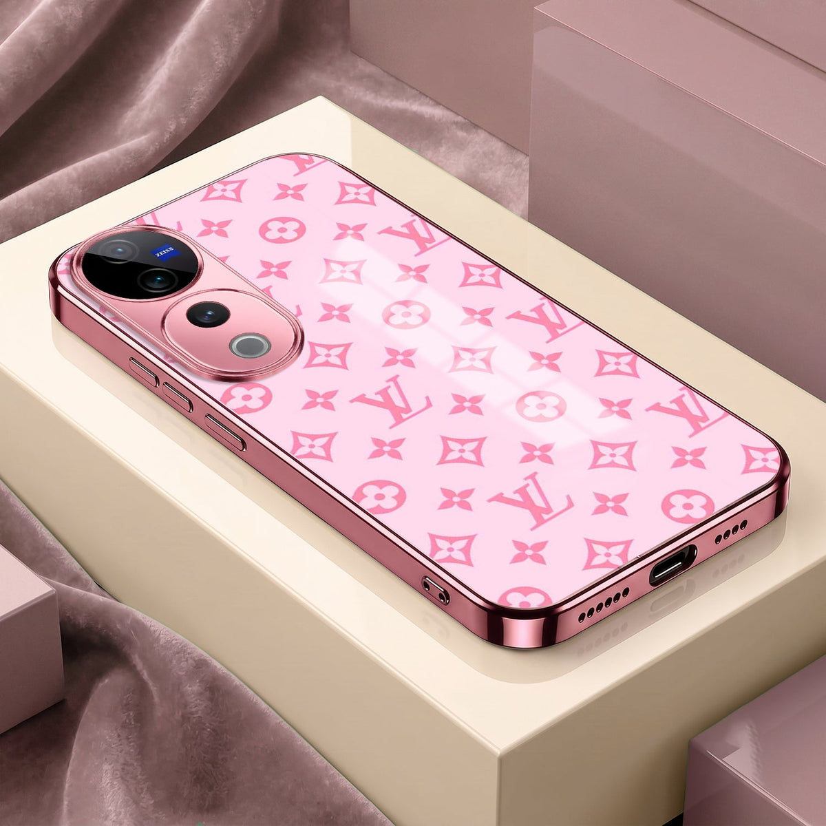 Vivo V40 Pro 5G Luxury Monogram Pink Electroplated Glass Phone Back Case