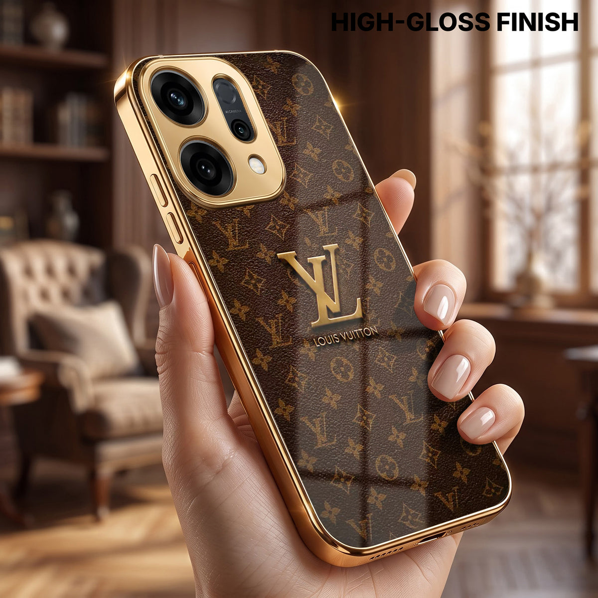 Oppo Reno 14 5G LV Brown Monogram Gold Electroplated Glass Phone Back Case